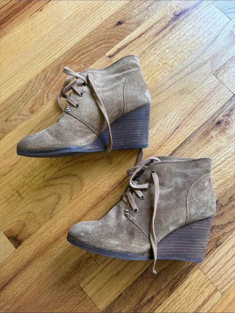 Lucky Brand Lace-Up Wedge Booties in Tan Suede